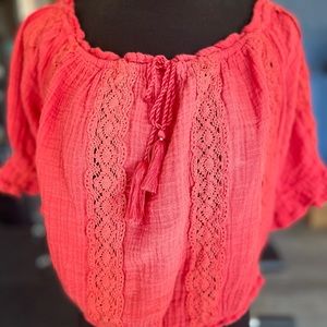 American Eagle coral cropped boho peasant tassel top XL